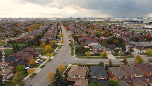 Aerial view across suburban neighbourhood city of Vaughan, Ontario, Canada residential district photo