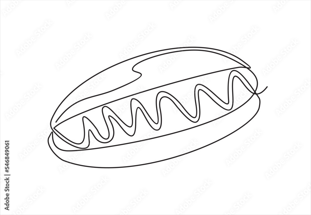 Continuous Single one line drawing of Hot dog with ketchup and mustard. Continuous line draw design graphic vector illustration. Continuous Single one line drawing of Hot dog with ketchup and mustard. Continuous line draw design graphic vector illustration.