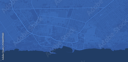 Dark blue Mogadishu city area vector background map, roads and water illustration. Widescreen proportion, digital flat design.