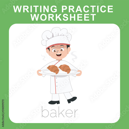 Writing practice worksheet with kids    profession dream theme. A Cute baker boy with a tray of Croissant on his hand. Educational printable sheet for children. Cute cartoon vector illustrations.