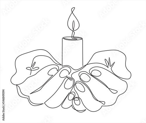 Continuous one line drawing of a hand holding burning candle. Human hands holding a memory candle. Melting wax candle in left hand. Vector minimalism design isolated on white background