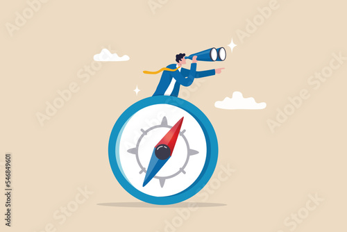Print op canvas Business compass guidance direction or opportunity, make decision for business direction, finding investment opportunity, leadership or visionary concept, businessman with binocular and compass