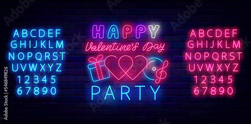 Happy Valentines Day party neon sign. Heart, music and present icons. Light pink and blue alphabet. Vector illustration