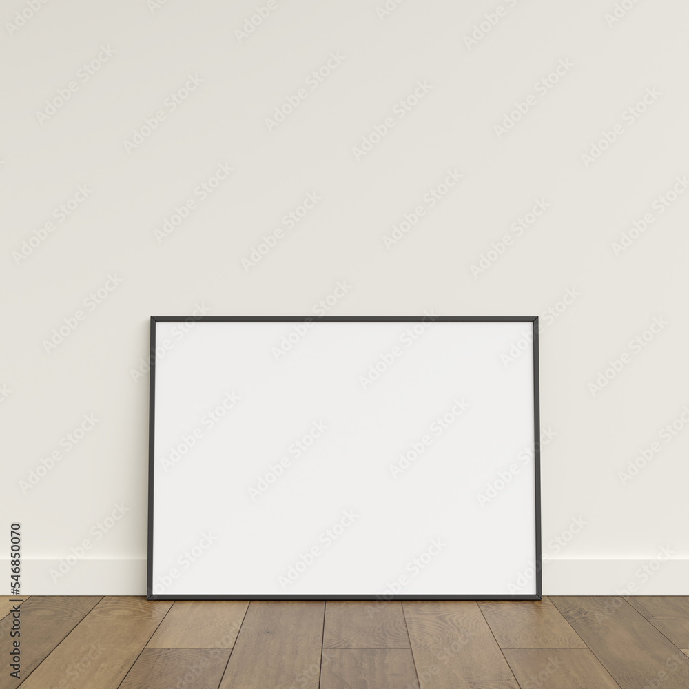 Empty picture frame on wooden floor leaning against wall. Blank poster frame standing on wooden floor. Blank poster frame mockup. Empty picture frame mockup. 3d rendering. Empty picture frame on wooden floor leaning against wall. Blank poster frame standing on wooden floor. Blank poster frame mockup. Empty picture frame mockup. 3d rendering.