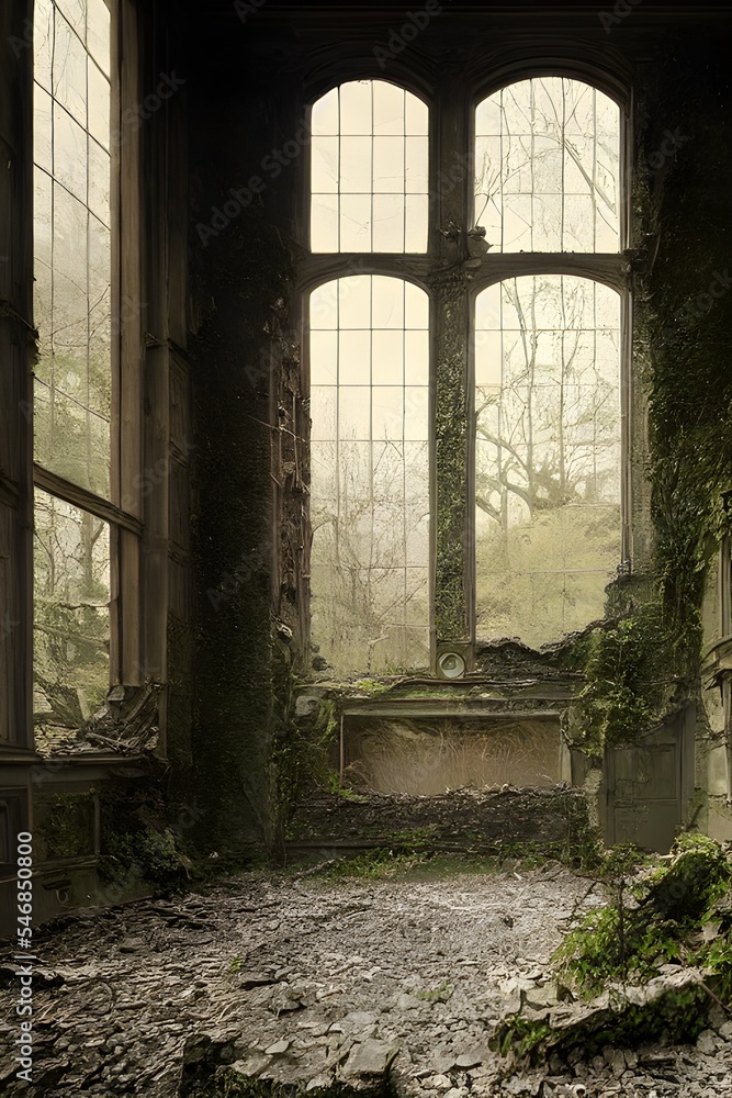 Obraz premium A ruined and decaying mansion, castle or factory. Long forgotten and overgrown.