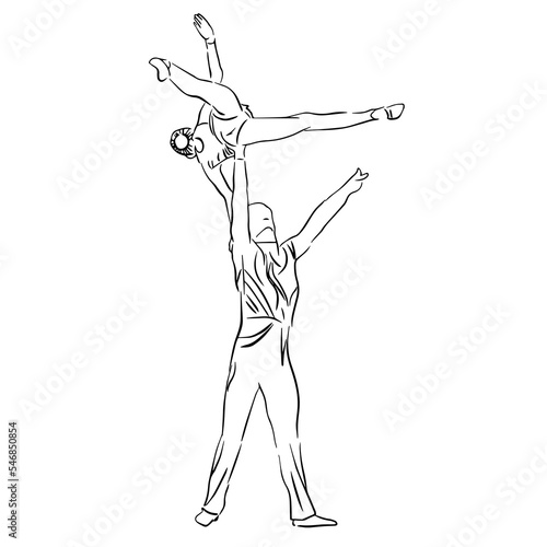 Acrobatic, balance, performance, cooperation concept. Hand drawn acrobats on scene . Isolated vector illustration , acrobatics, sketch illustration