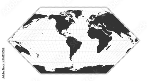 Vector world map in Eckert I projection. Geographical map with latitude and longitude lines, centered at 60 degrees East longitude. Vector illustration.