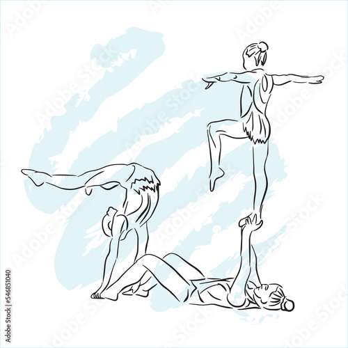 Acrobatic, balance, performance, cooperation concept. Hand drawn acrobats on scene . Isolated vector illustration , acrobatics, sketch illustration