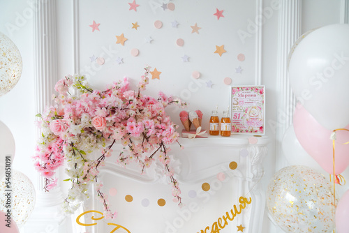 Birthday decoration in pink colors for baby girl 