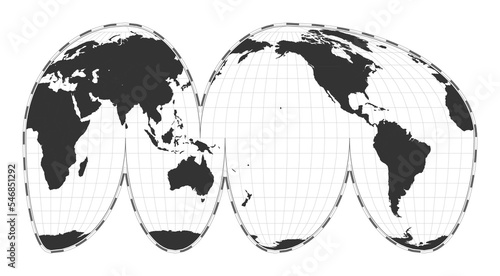 Vector world map in Goode's interrupted Mollweide projection. A geographical map with latitude and longitude lines, centered at 180 degrees longitude. photo