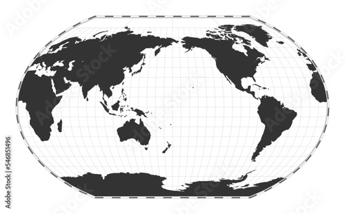 Vector world map. Kavrayskiy VII pseudocylindrical projection. Plan world geographical map with latitude longitude lines. Centered to 180deg longitude. Vector illustration.