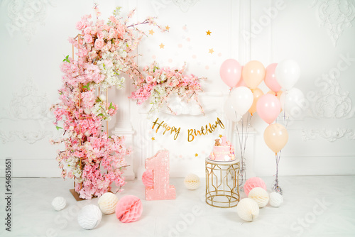Birthday decoration in pink colors for baby girl 