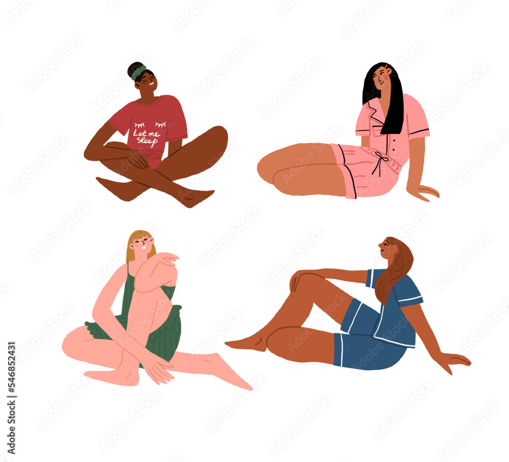 Trendy young women set wearing cozy home clothes, homewear. Multicultural cute girls in various comfortable pajamas, nightgown, sleepwear. Flat vector cartoon illustration. Vector illustration