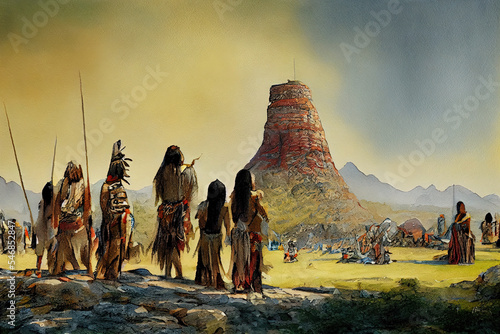 Fototapeta Fantasy digital illustration of Native Americans overlooking valleys and landscape