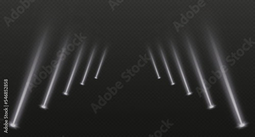 Stage spotlights, realistic light corridor, shiny white beams overlay effect for music stage or awards nomination. Interior lights isolated on a dark backgorund. Vector illustration.