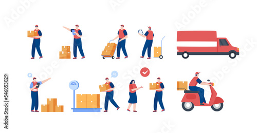 Delivery man courier services. Courier  group set. Illustration