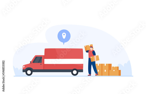 Package delivery truck.  Delivery man unload delivery car boxes. Illustration