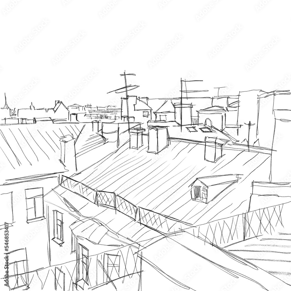 Fototapeta premium Quick sketch of the city, top view. Large, old European city with antennas. Picture coloring, black and white image.