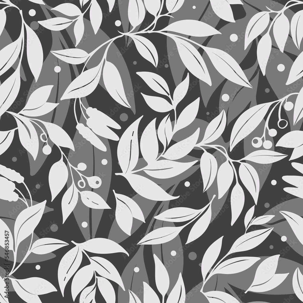 Fototapeta premium Seamless botanical pattern. Monochrome colors. Nature picture, leaf and branch with fruits. Dark background. For fabric, textil, wallpaper, wrapping paper and template for sites, social media
