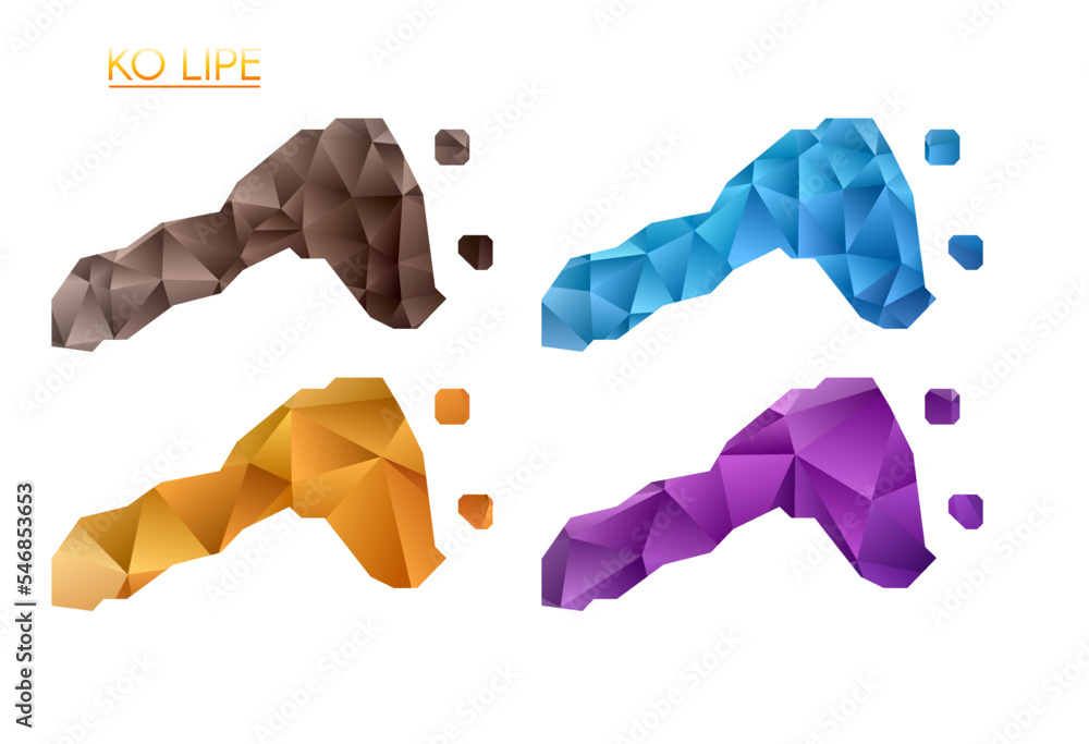 Set of vector polygonal maps of Ko Lipe. Bright gradient map of island