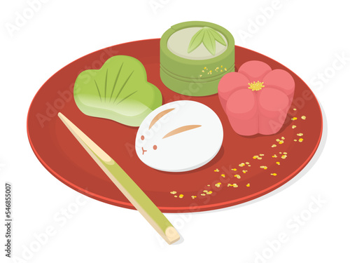Ëµ§„Åè„Å¶‰∏∏„ÅÑÂíåÈ¢®„ÅÆÁöø„Å´ÁΩÆ„Åã„Çå„ÅüÂíåËèìÂ≠ê„ÅÆ„Ç§„É©„Çπ„Éà„ÄÄ„Ç¶„Çµ„ÇÆ„Å®ÊùæÁ´πÊ¢Ö„ÅÆÁ∑¥„Çä„Åç„Çä