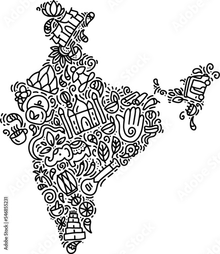 India map black calligraphy text and doodle elements Indian culture vector illustration design. Happy republic Day India independence celebrations with 26th January