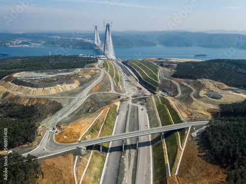 Photography aerial view of highway and bridge construction in istanbul