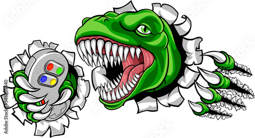 Dinosaur Gamer Video Game Controller Mascot