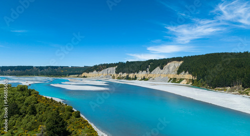 Panorama view of Rakaia River lagoon Valley and blue sky background