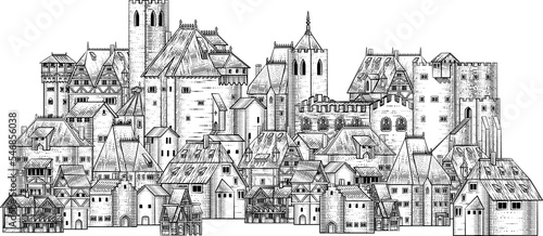 Schilderij op canvas Old Medieval Town City Village Vintage Woodcut