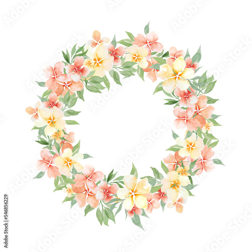 Watercolor peaches flowers wreath. Gentle design peach flowers templates for wedding design  invitation  postcards.