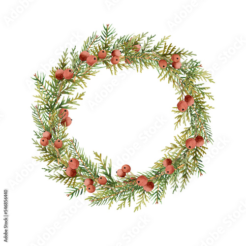 Watercolor christmas wreath with evergreen branches of spruce and thuja