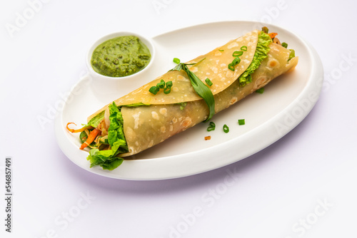 Indian chapati veg spring Rolls filled with vegetables and spices, also called franky