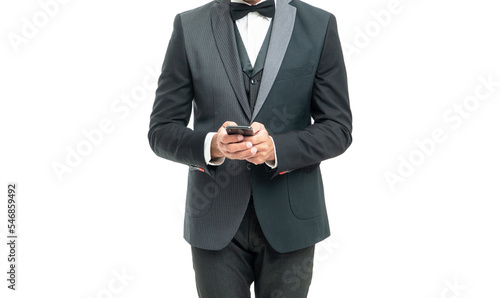 tuxedo man messaging on smartphone isolated on white background
