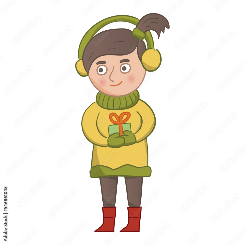 The girl is in winter clothes and holds a gift in her hand. Cartoon vector illustration.
