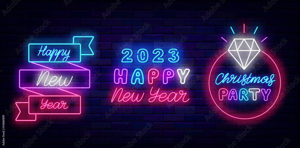 Happy 2023 New Year label. Christmas party neon signboards set. Circle frame with diamond. Vector stock illustration