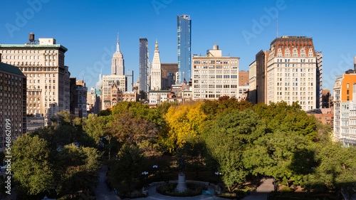 Elevated view of Union Square Park with surrounding skyscrapers in autumn. Manhattan, New York City © Francois Roux
