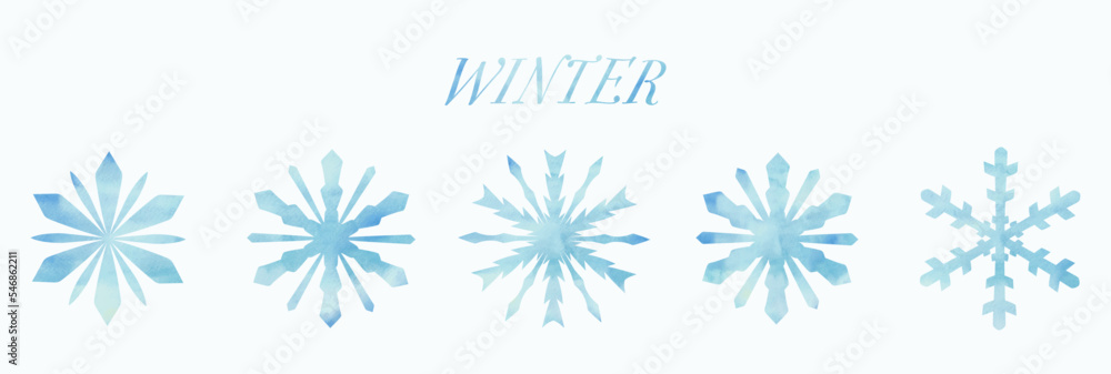 Winter set of snowflakes with watercolor texture. Vector illustration.