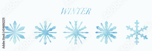 Winter set of snowflakes with watercolor texture. Vector illustration.