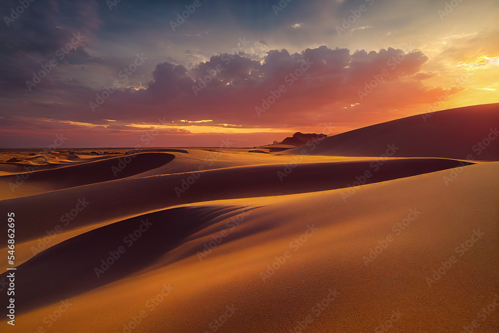 Golden sands of the Sahara Desert ripple gracefully under a radiant sunset, with rich gold tones reflecting nature's majesty. A must-see spectacle of glowing dunes at dusk.  