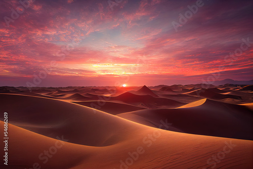 Golden sands of the Sahara Desert ripple gracefully under a radiant sunset, with rich gold tones reflecting nature's majesty. A must-see spectacle of glowing dunes at dusk.