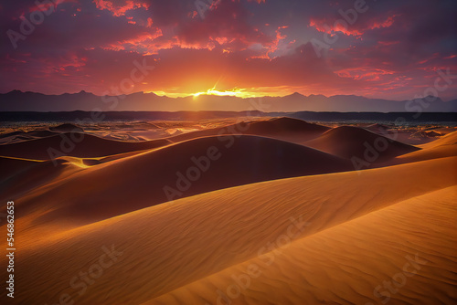 Golden sands of the Sahara Desert ripple gracefully under a radiant sunset, with rich gold tones reflecting nature's majesty. A must-see spectacle of glowing dunes at dusk.  © Hassan