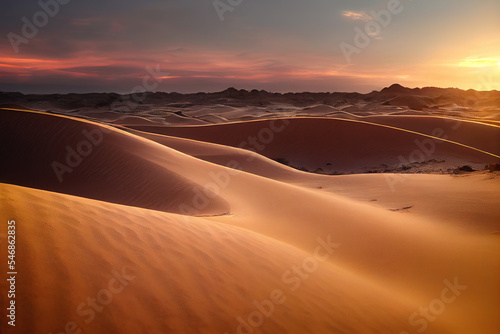 Golden sunset illuminates the Sahara Desert sand dunes, revealing a captivating interplay of shadows and light. Experience nature's artistry in this radiant gold landscape. 