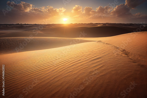 Golden sunset illuminates the Sahara Desert sand dunes  revealing a captivating interplay of shadows and light. Experience nature s artistry in this radiant gold landscape.