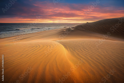Stunning sunrise illuminating the vast sand dunes of the Sahara Desert. Golden light casts perfect shadows, showcasing the beauty and grandeur of Africa's majestic landscape 