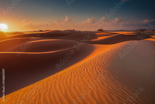 Stunning sunrise illuminating the vast sand dunes of the Sahara Desert. Golden light casts perfect shadows  showcasing the beauty and grandeur of Africa s majestic landscape  