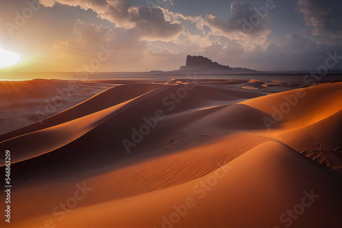 Breathtaking sunset over the Sahara Desert, highlighting the intricate patterns on vast sand dunes. A serene moment capturing nature's beauty in Africa's iconic landscape. 
