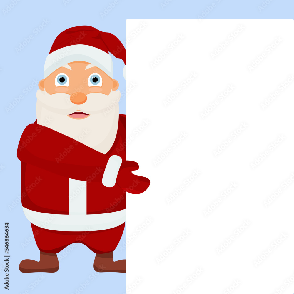 Santa Claus is standing behind an empty sign, pointing at a large empty banner. Cartoon character Santa Claus with a white space to copy. vector illustration. Santa Claus is standing behind an empty sign, pointing at a large empty banner. Cartoon character Santa Claus with a white space to copy. vector illustration.