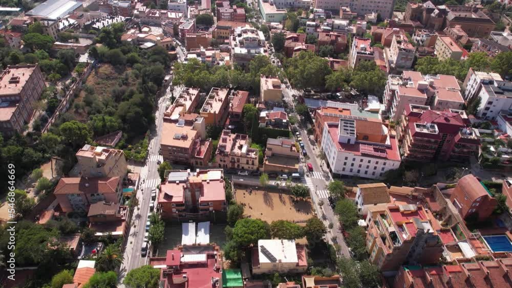 Barcelona, Spain. Aerial View of Gracia Neighborhood From Park Guell, Revealing Drone Shot Barcelona, Spain. Aerial View of Gracia Neighborhood From Park Guell, Revealing Drone Shot