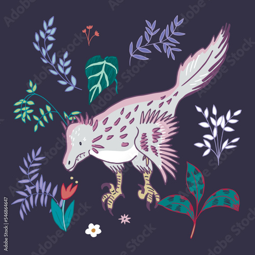Dinosaur with feathers vector illustrations set.